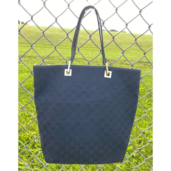 Vintage 00's Gucci Black Monogram Canvas Tote Bucket Shopping Bag - Picture 2 of 10